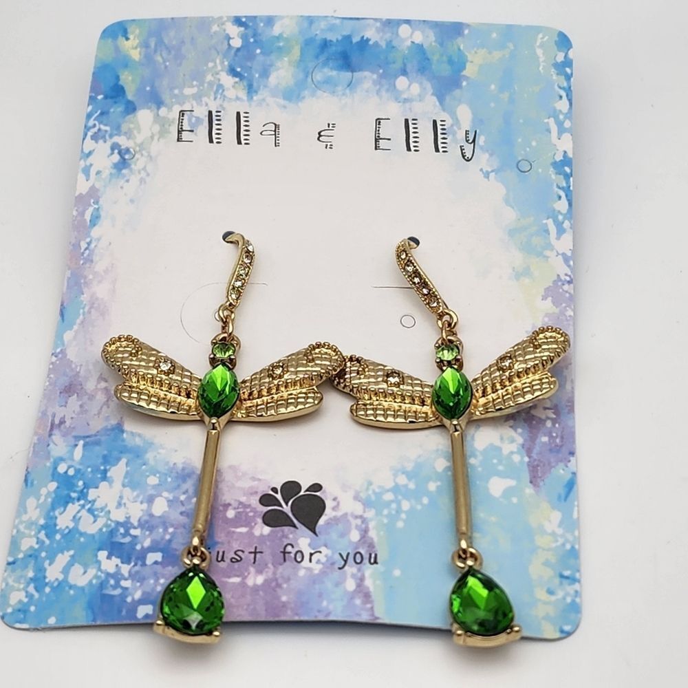 NWT Ella & Elly Gold Tone & Green Dragonfky Dangling Earrings